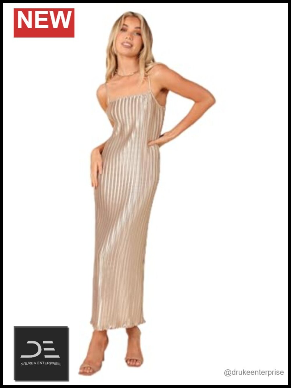 Pleated Plisse Satin Maxi Dress Square Neck Sleeveless Formal Party